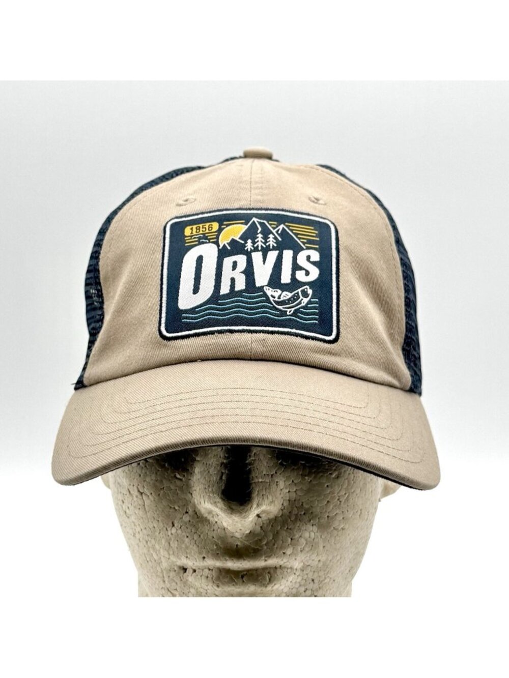 Orvis Fly Fishing Trucker Hat Tan Mesh Snapback Adjustable Outdoor Cap